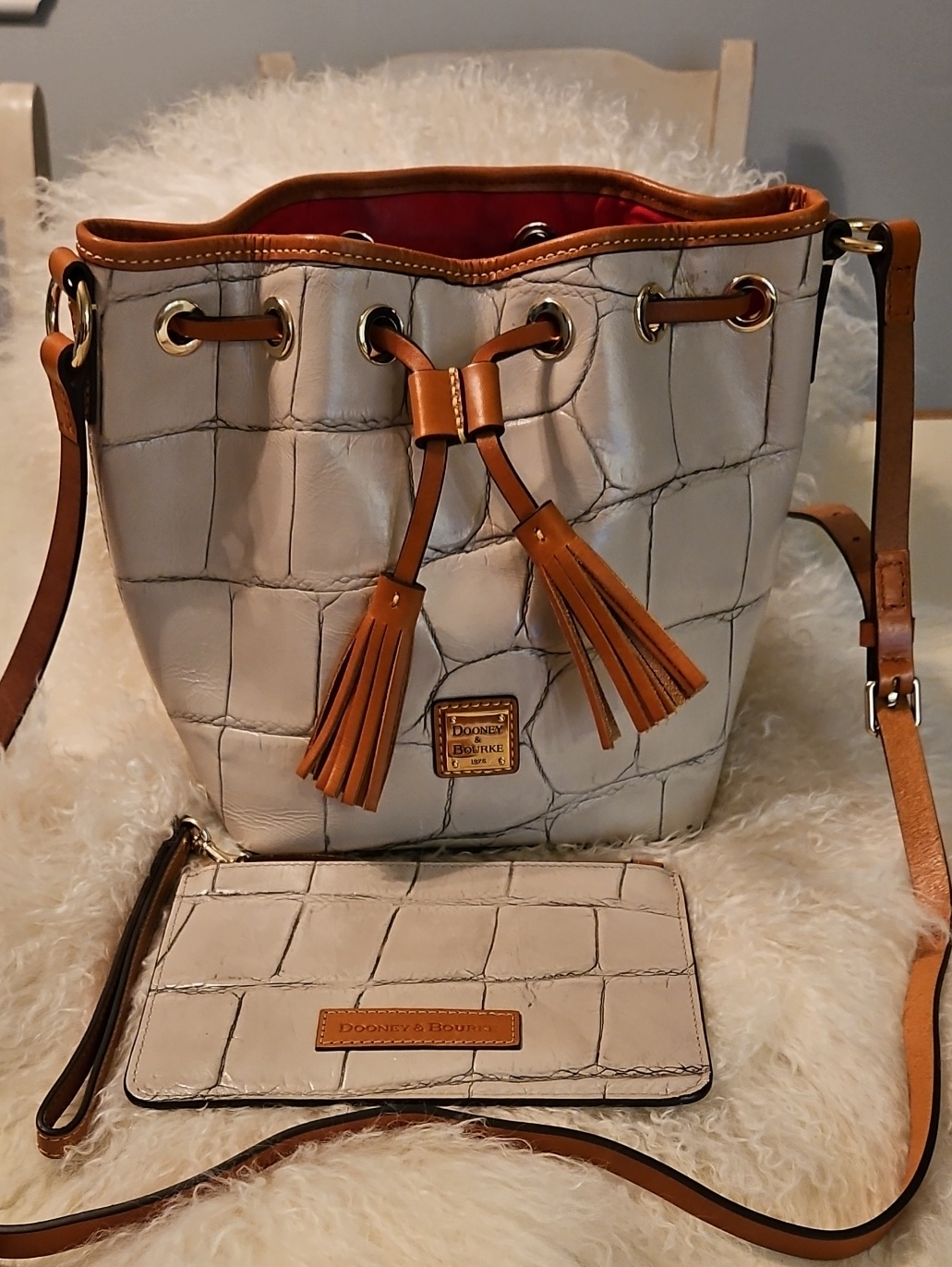 Dooney & Bourke Cream Croc-Embossed Leather Drawstring Bucket Bag With Tan Trim